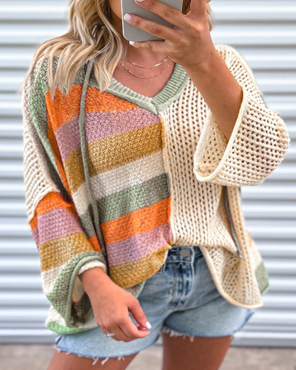 Color Blocked Loose Hooded Sweater