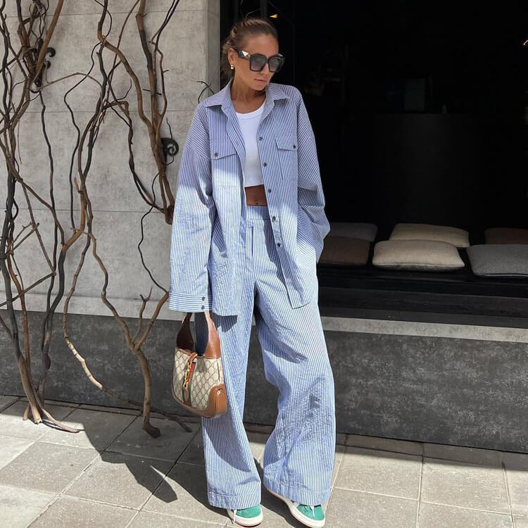 Striped Lapel Shirt Pants Two-piece
