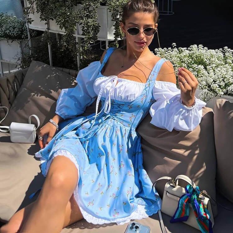 Puffy Sleeve Srapless Floral Dress