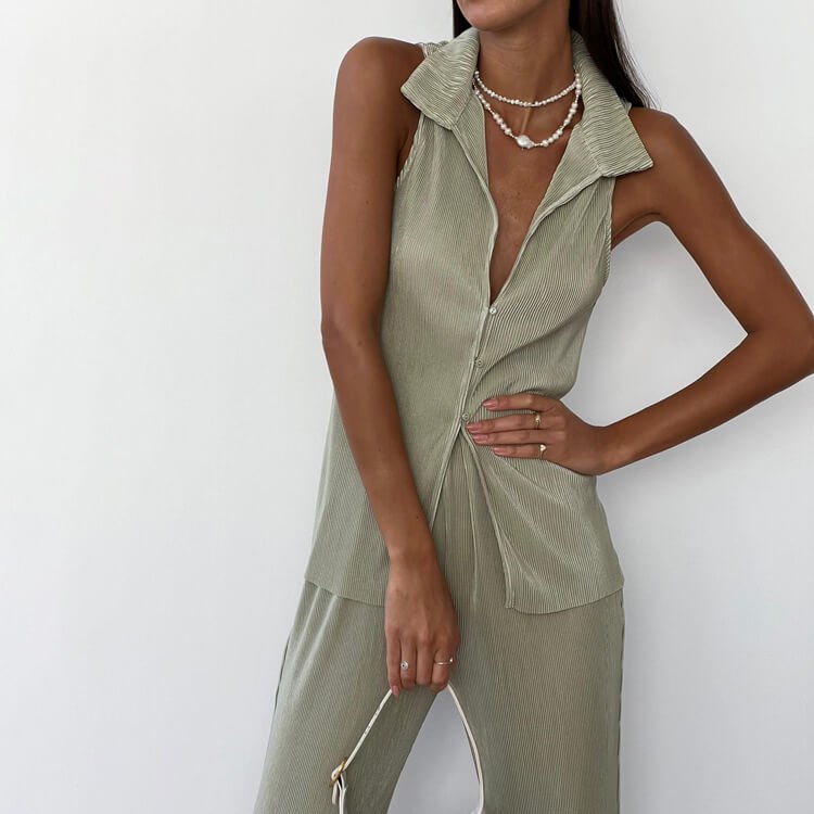 Casual Sleeveless Shirt Pants Two-piece