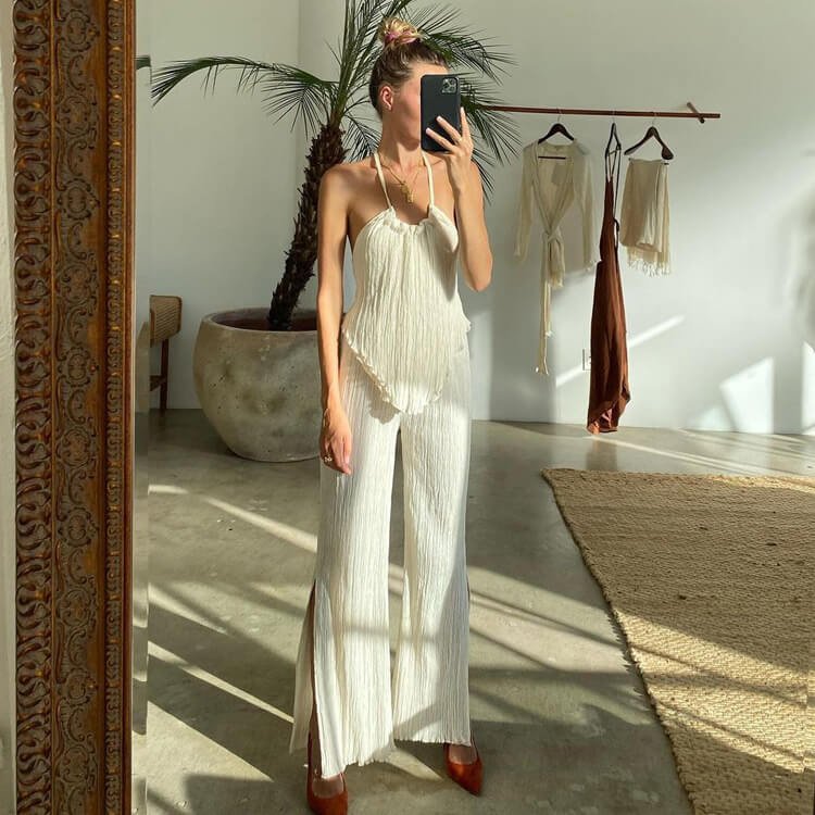 Pleated Suspender Backless Top Pants