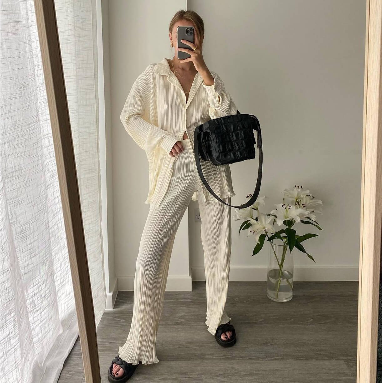 Lapel Pleated Shirt Pants Set