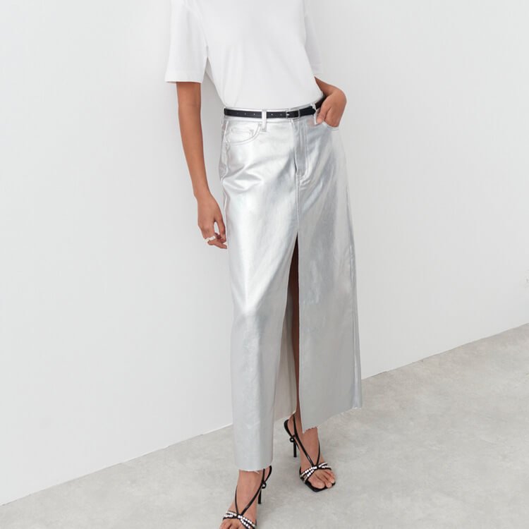 Silver Slim PU Leather Skirt
