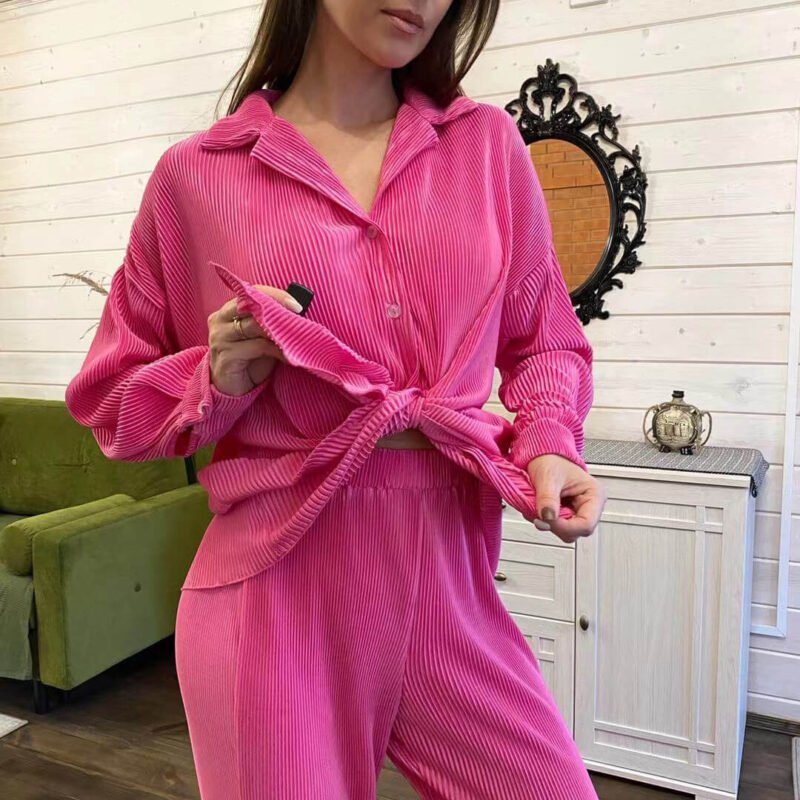 Lapel Pleated Shirt Pants Set