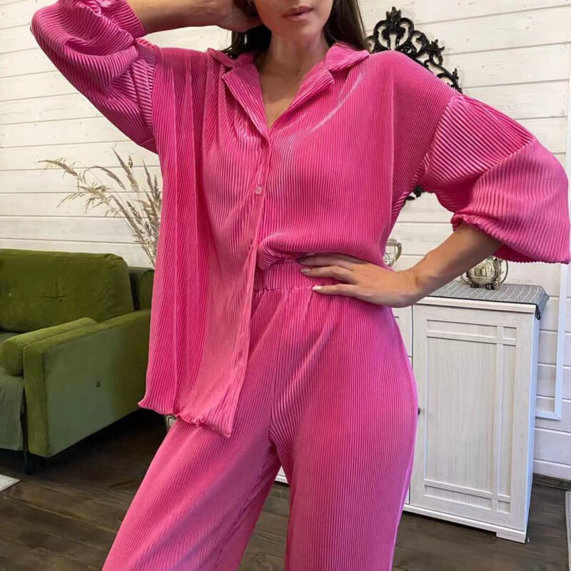 Lapel Pleated Shirt Pants Set - Image 6