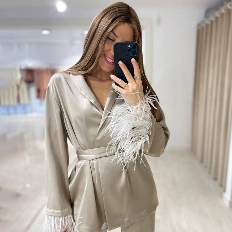 French Feather Lace up Satin Two-piece