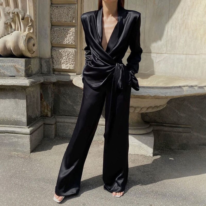 Ice Silk Lace up Shirt Pants Two-piece