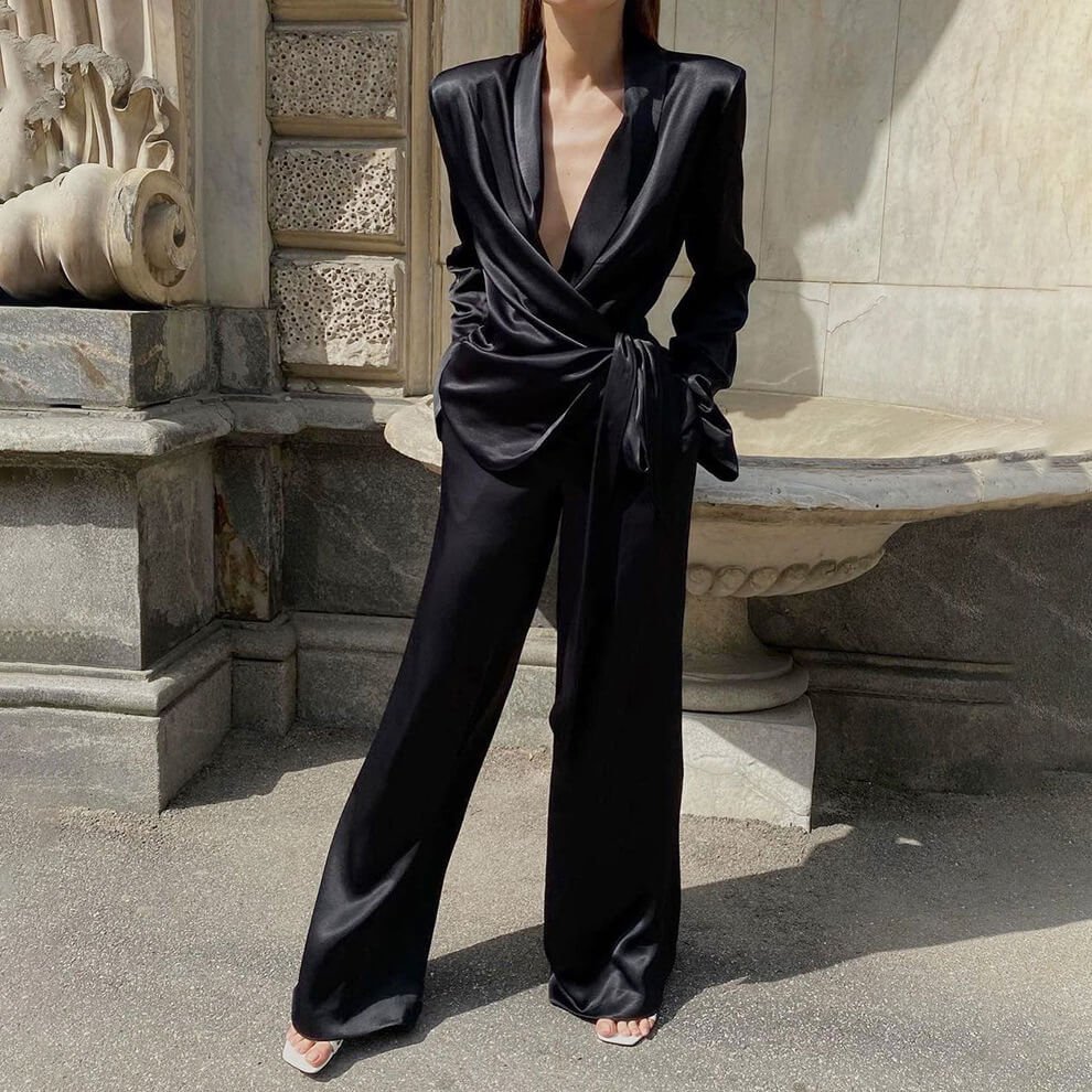 Ice Silk Lace up Shirt Pants Two-piece