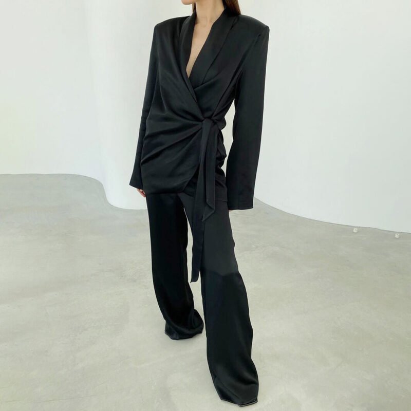 Ice Silk Lace up Shirt Pants Two-piece - Image 3
