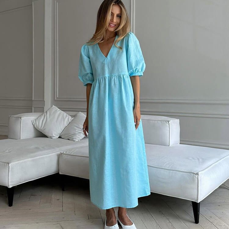 French Ins Bubble Ssleeve Blue Dress