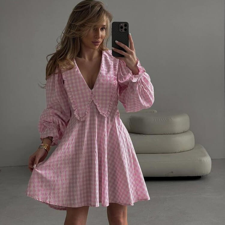 Plaid Butterfly Collar A-line Dress