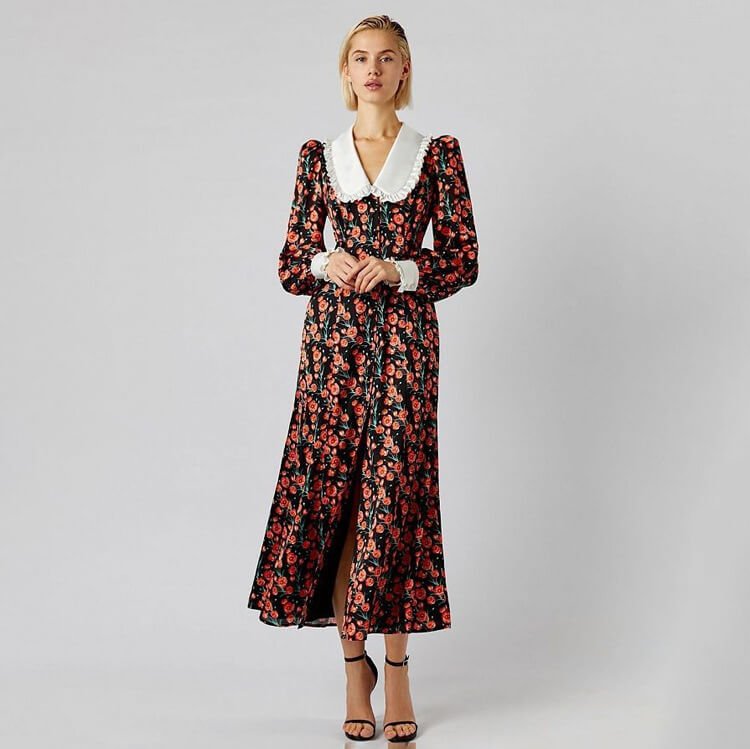 Printed Maxi Dress Doll Collar